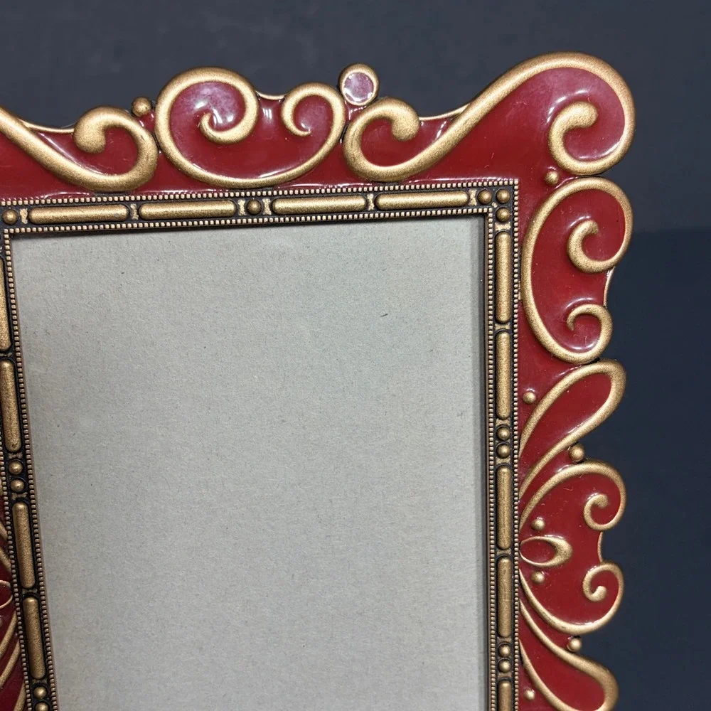 Vtg Style Rose Red/ Gold Enamel Ornate Scroll 4x6 Tabletop Picture Frame Baroque
